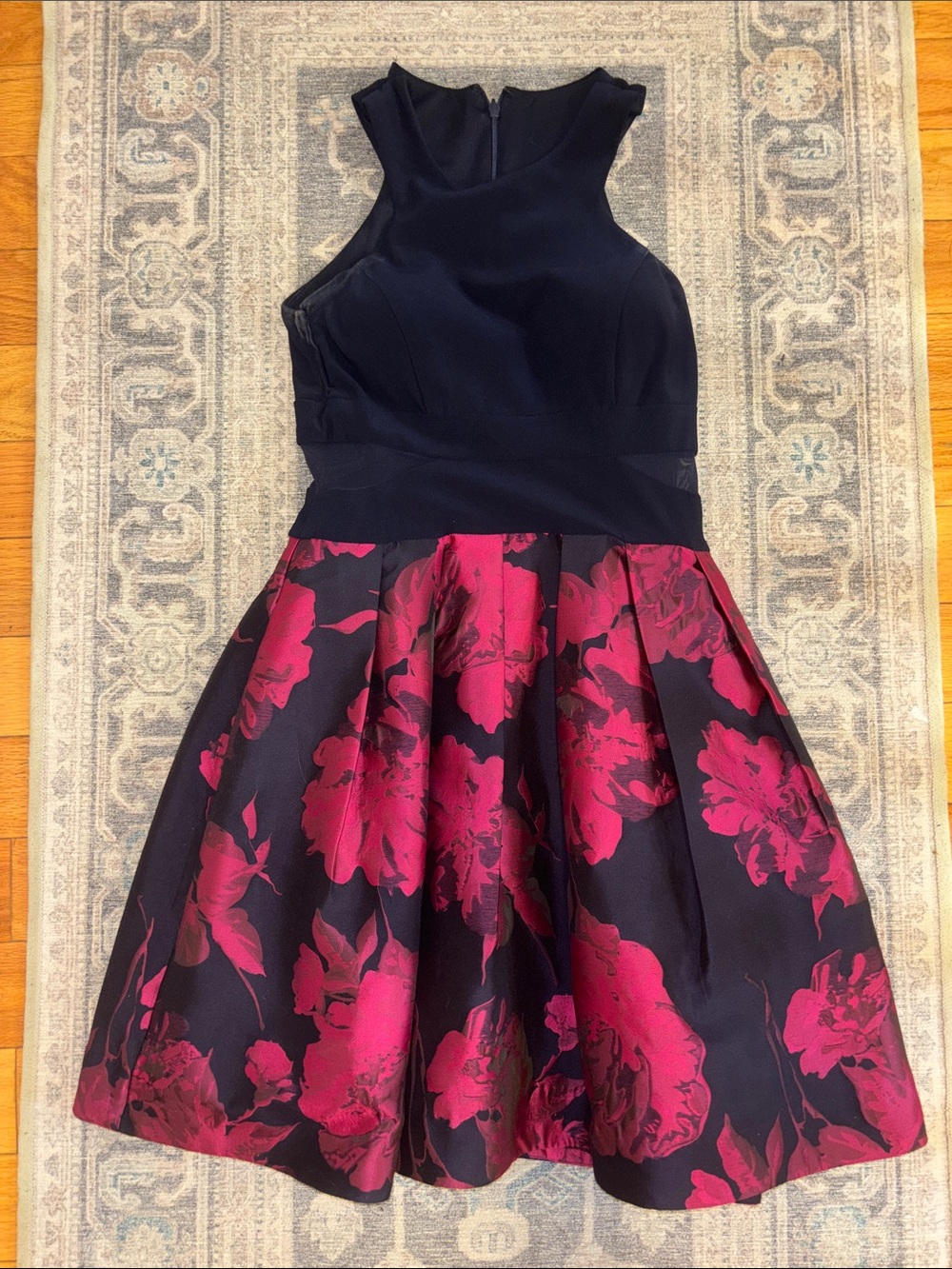 Girls Navy and Fuchsia Floral Fit-and-Flare Dress